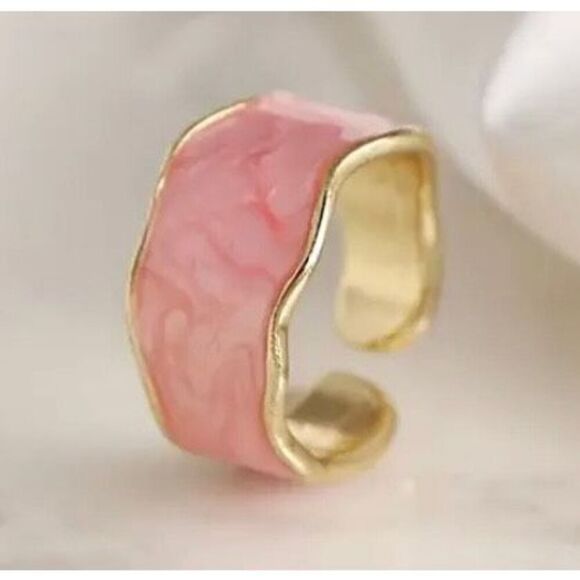 NWT Y2K Pink Drip Glaze Wavy Gold Rimmed Adjustable Ring - Picture 6 of 6